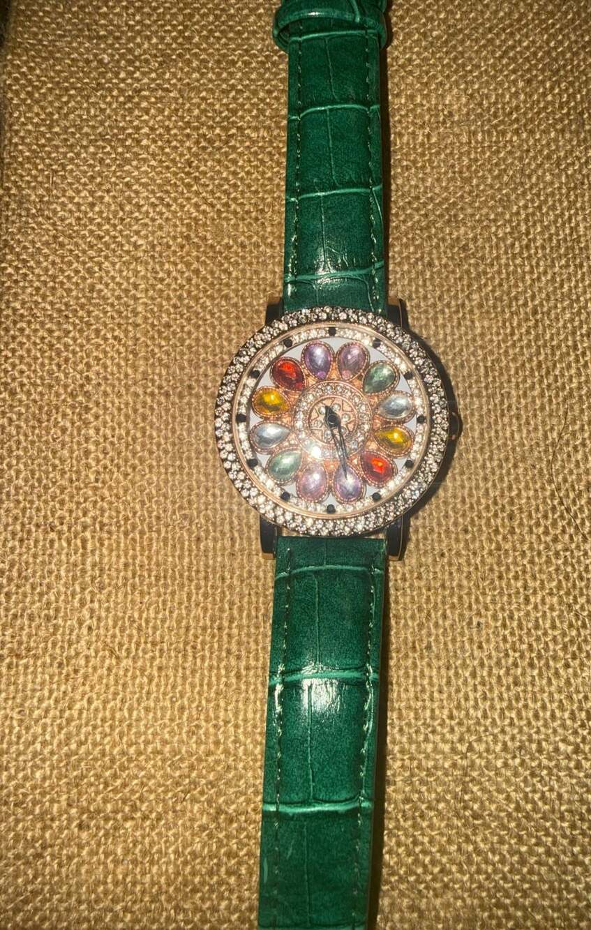 Aurora Bloom Watch Green Leather Strap Rhinestone Floral Dial